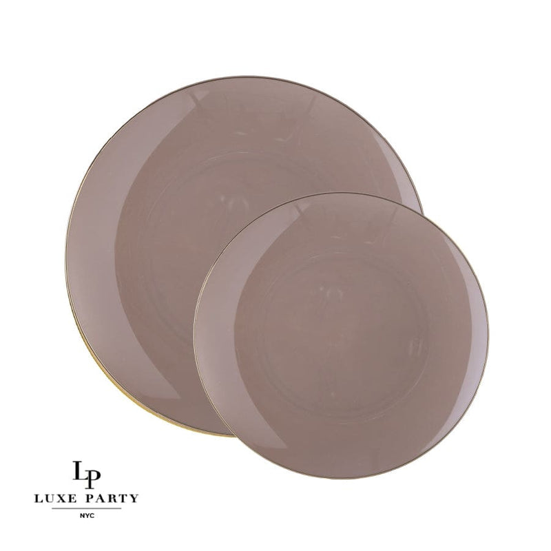 Round Accent Plastic Plates Round Taupe • Gold Plastic Plates | 10 Pack