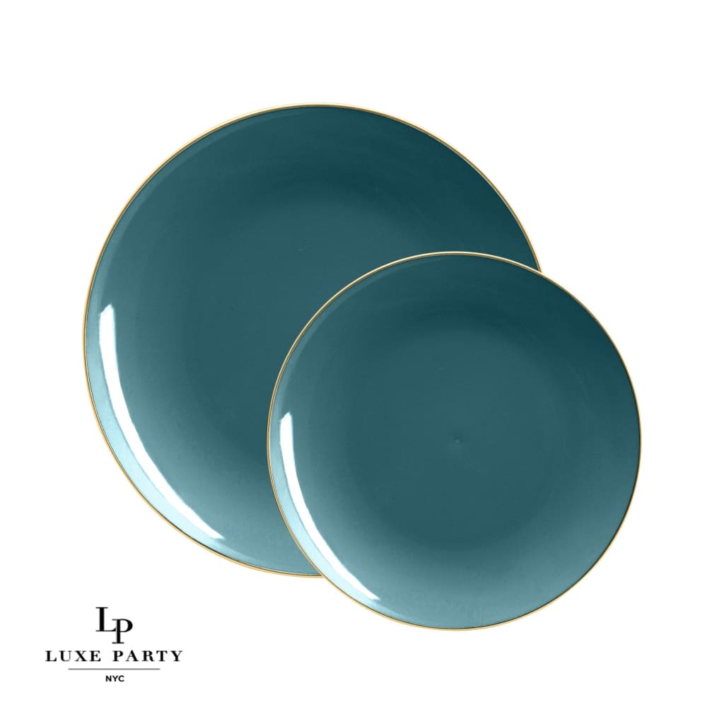 Round Teal Green and Gold Plastic Dinner and Salad Plates Luxe