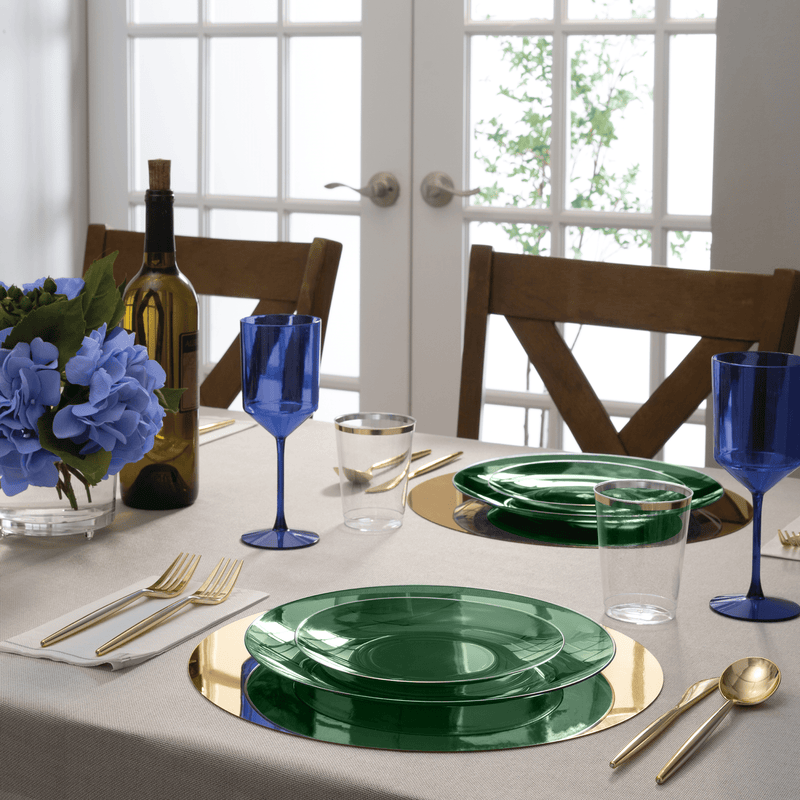 Round Accent Plastic Plates Round Transparent Green • Gold Plastic Plates | 10 Pack