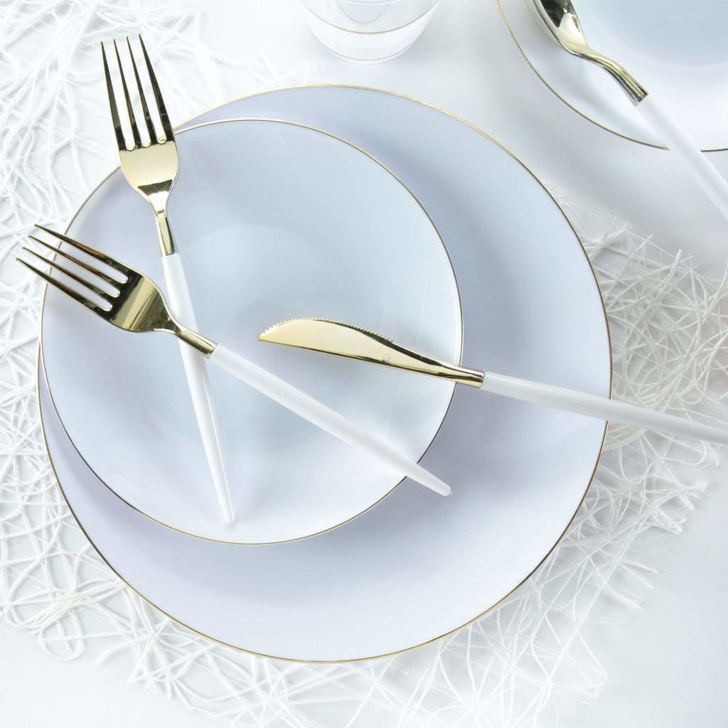Round Accent Plastic Plates White • Gold Round Plastic  Plates | 10 Pack