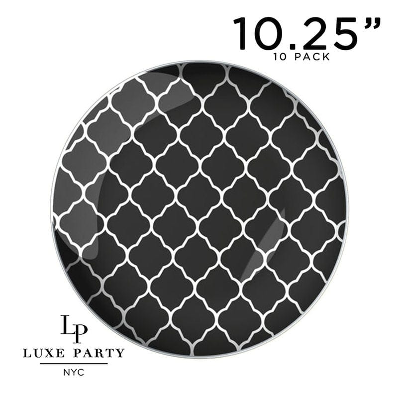 Round Lattice Plastic Plates 10.25" Dinner Plates Round Black • Silver Lattice Pattern Plastic Plates | 10 Pack
