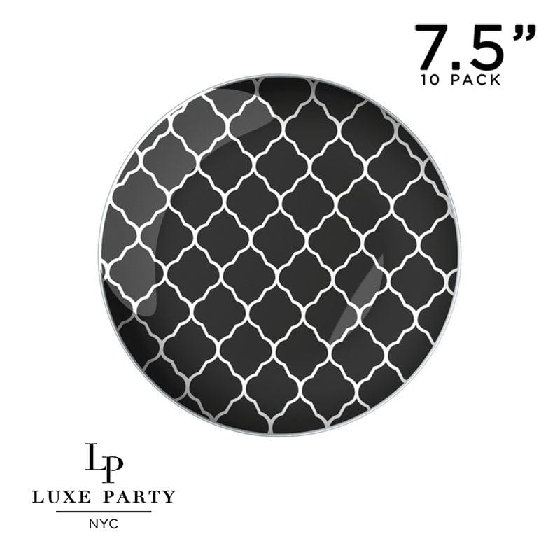 Round Lattice Plastic Plates 7.25" Appetizer Plates Round Black • Silver LT Pattern Plastic Plates | 10 Pack