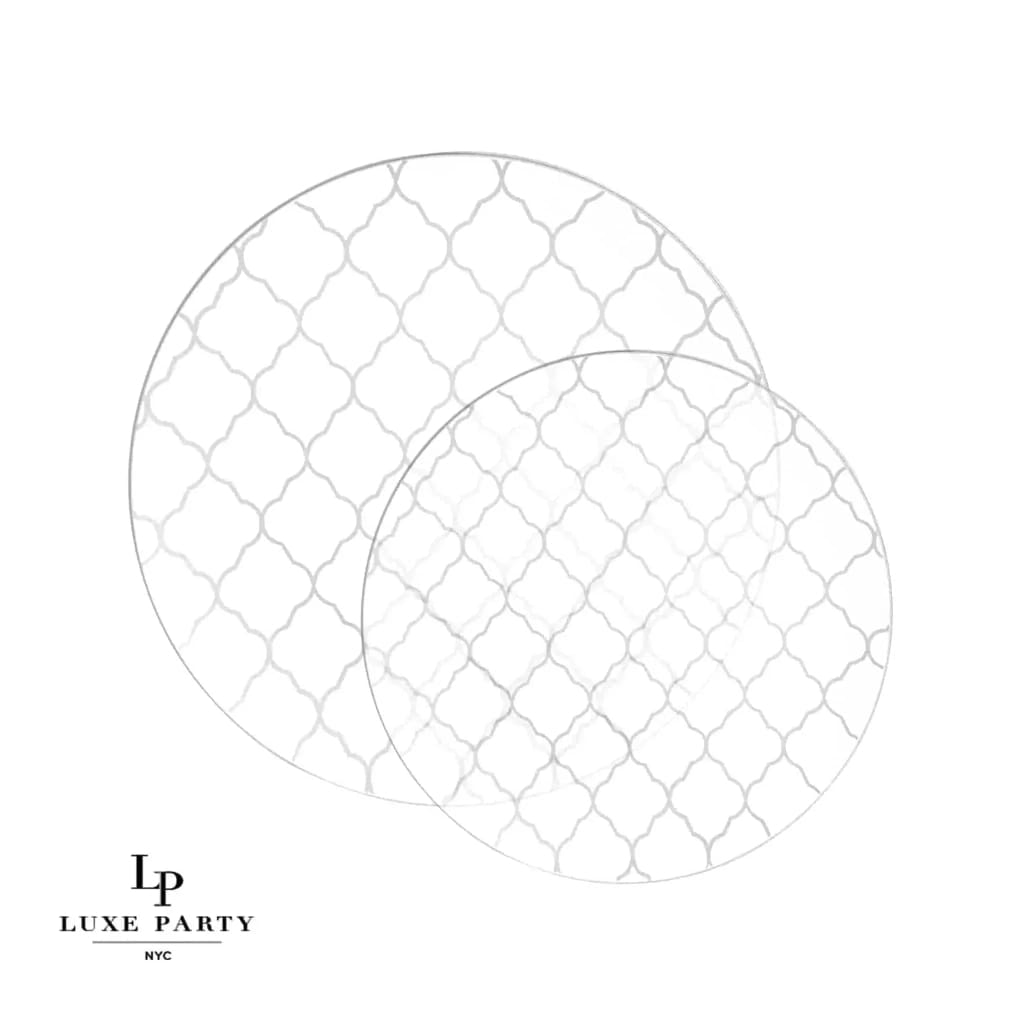 Round Lattice Plastic Plates Round Clear • Silver Lattice Pattern Plastic Plates | 10 Pack