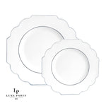 Scallop Design Plastic Plates 10.7" Dinner Plates / 10 Plastic Plates Scalloped White • Silver Plastic Plates | 10 Pack