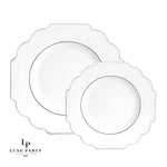 Scallop Design Plastic Plates 10.7" Dinner Plates / 10 Plastic Plates Scalloped White • Silver Plastic Plates | 10 Pack