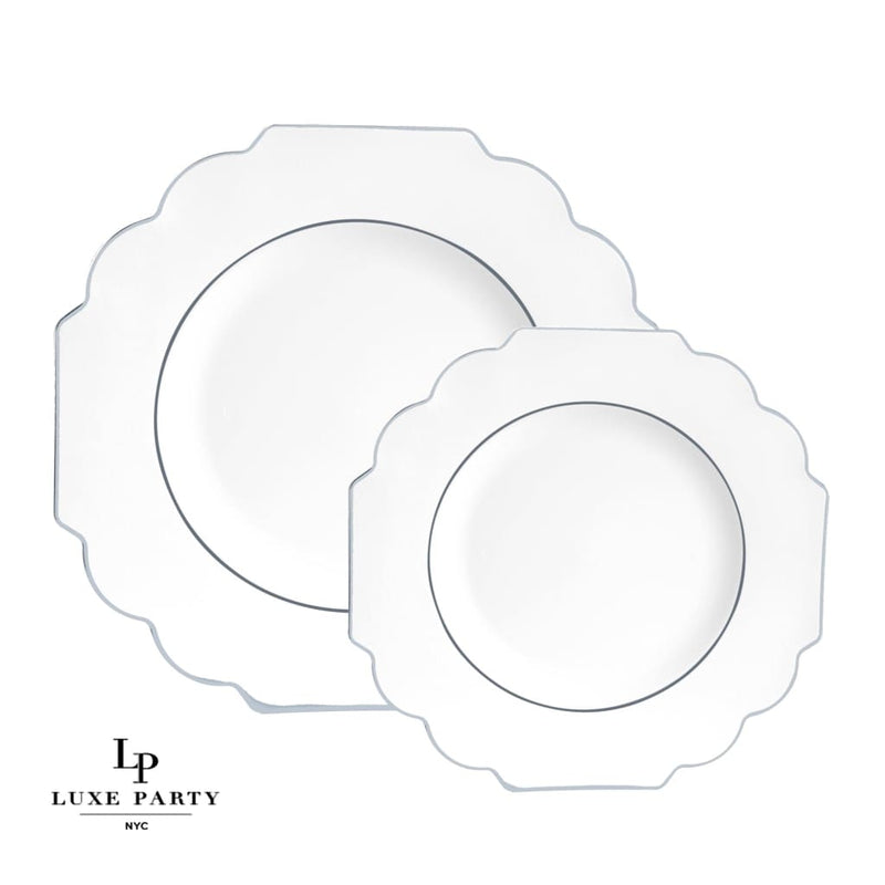 Scallop Design Plastic Plates 10.7" Dinner Plates / 10 Plastic Plates Scalloped White • Silver Plastic Plates | 10 Pack