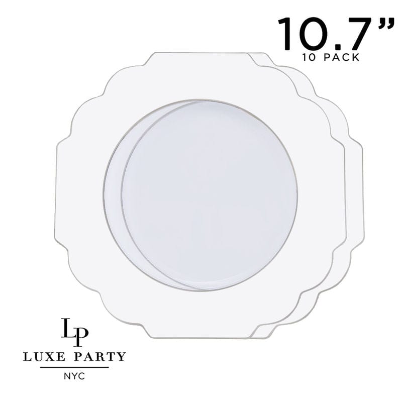Scallop Design Plastic Plates 10.7" Dinner Plates Scalloped Clear Base Silver • White Plastic Plates | 10 Pack