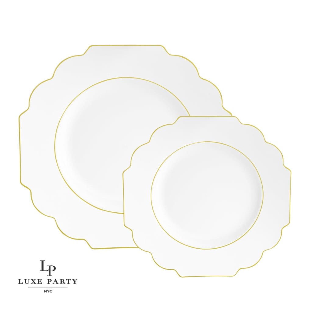 White Plastic Plates with Gold Scalloped Edge (9 Inches, 50 Pack