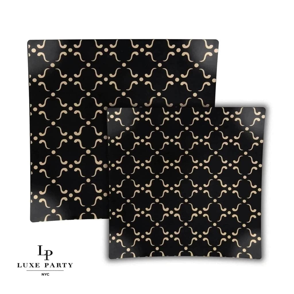Square Accent Pattern Plastic Plates Square Black • Gold Pattern Plastic Plates | 10 Plates