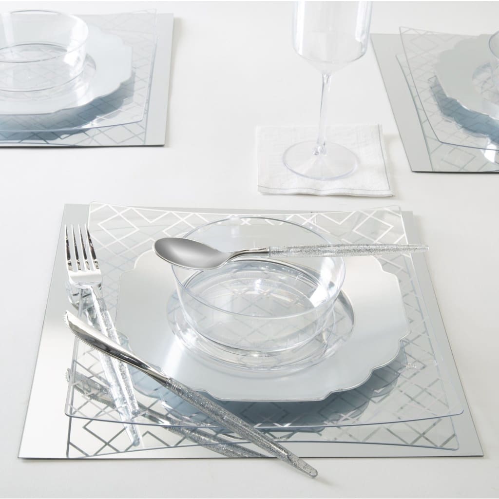 Elegant 8 Square Coupe White Silver Pattern Plastic Plates 10 elegant-8-square-coupe-white-silver-pattern-plastic-plates-10