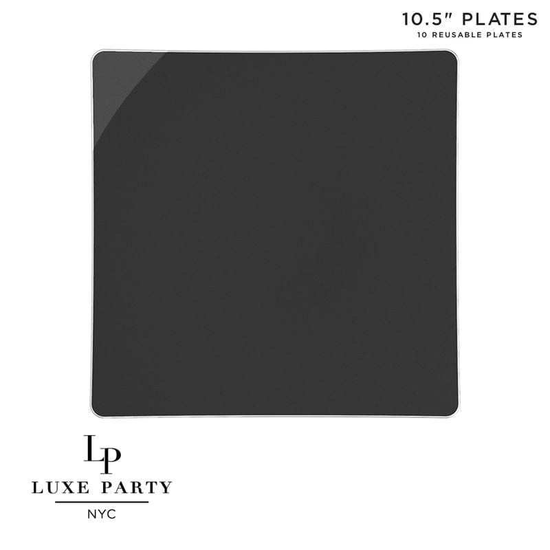 Square Accent Plastic Plates 10.5" Dinner Plates / 10 Plastic Plates Black • Silver Square Plastic Appetizer Plates