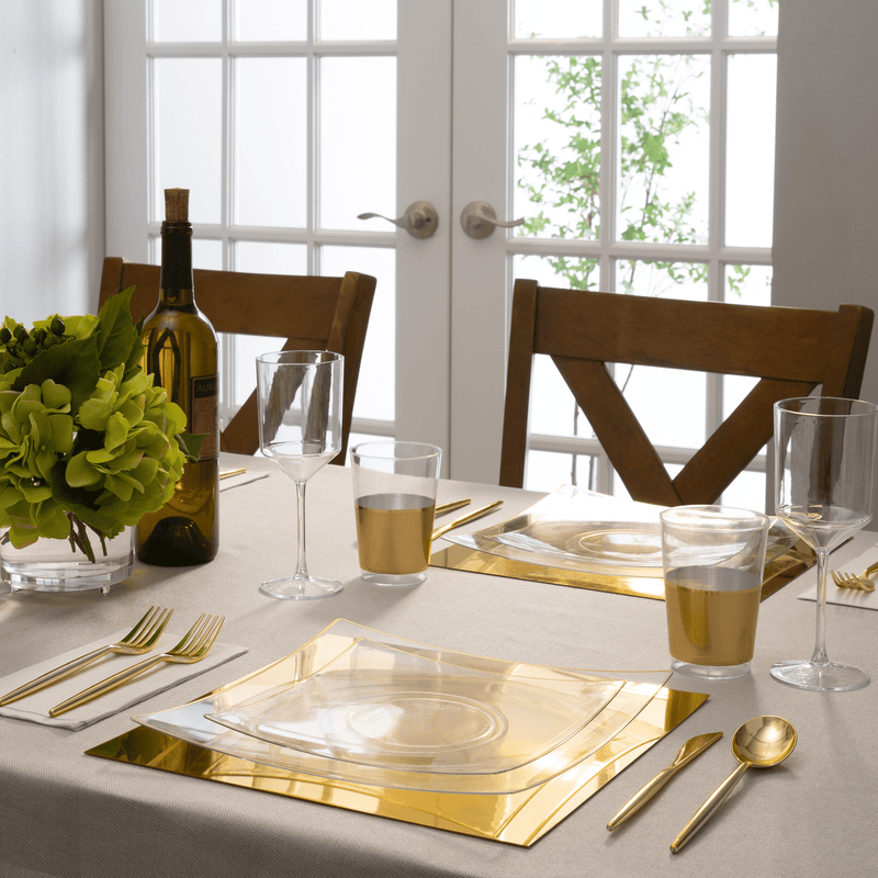 Square Accent Plastic Plates Square Clear • Gold Plastic Plates | 10 Pack