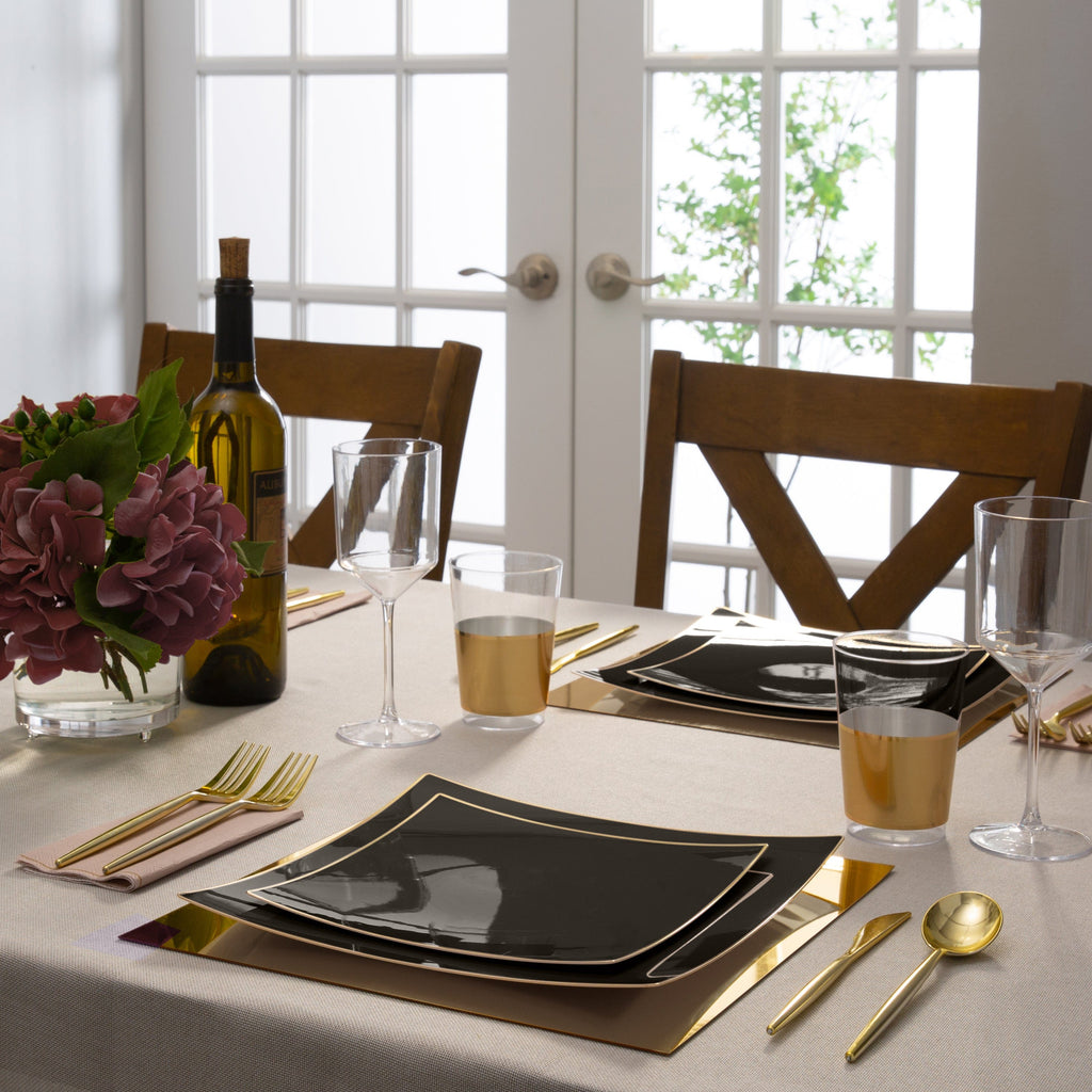 Square Coupe Black • Gold Plastic Plates 10 Pack Luxe Party NYC