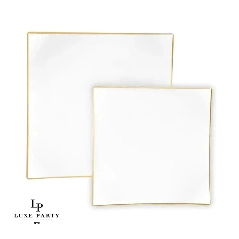 Square Accent Plastic Plates Square Coupe White • Gold Plastic Plates | 10 Pack