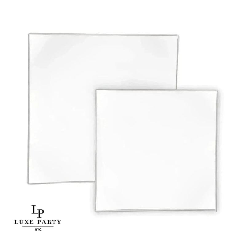 Square Accent Plastic Plates Square Coupe White • Silver Plastic Plates | 10 Pack