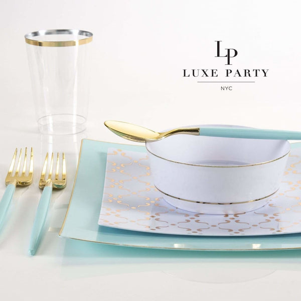 Square Accent Plastic Plates Square Mint • Gold Pattern Plastic Plates | 10 Plates