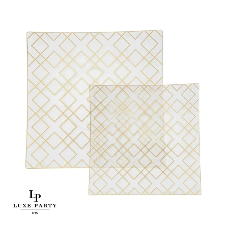 Square Art Deco Pattern Plastic Plates Square Clear • Gold Art Deco Pattern Plastic Plates | 10 Plates