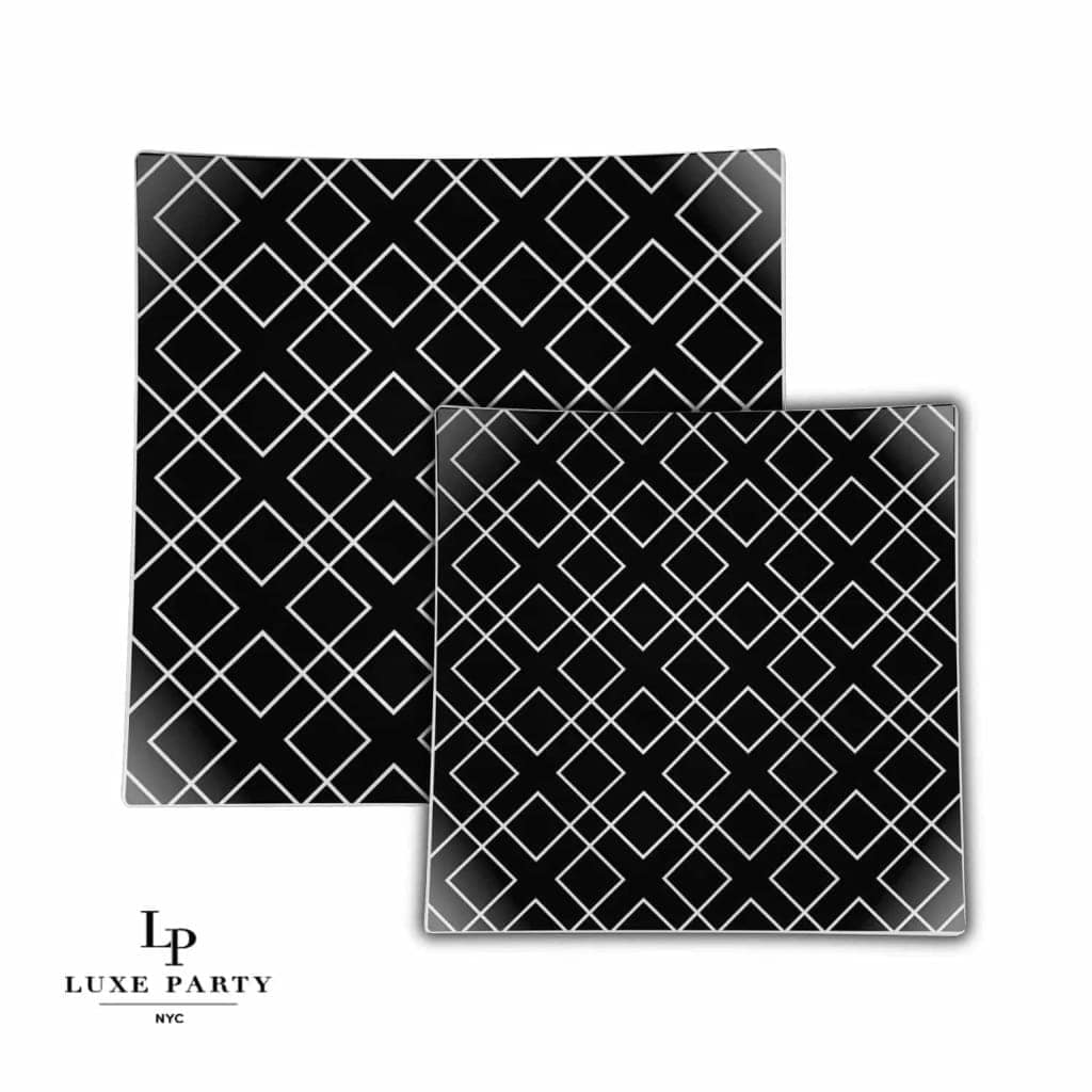 Square Geo Pattern Plastic Plates Square Black • Silver Pattern Plastic Plates | 10 Plates