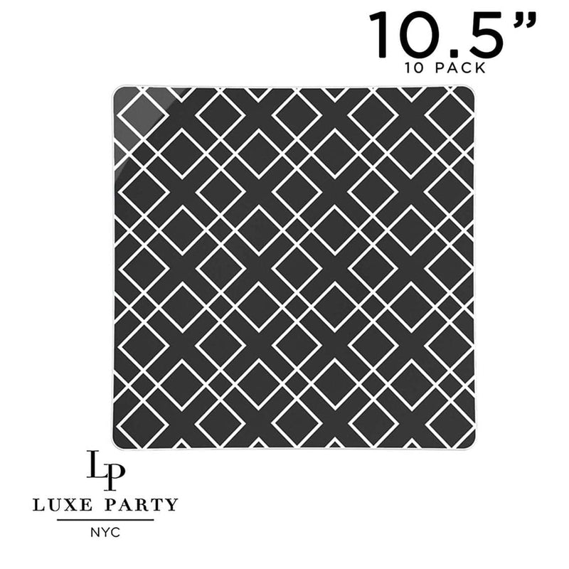 Square Geo Pattern Plastic Plates Square Black • Silver Pattern Plastic Plates | 10 Plates